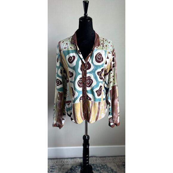 Vintage Tropical Tantrum Women's Brown Teal Abstract Graphic Print Top Size M-L - Picture 1 of 9